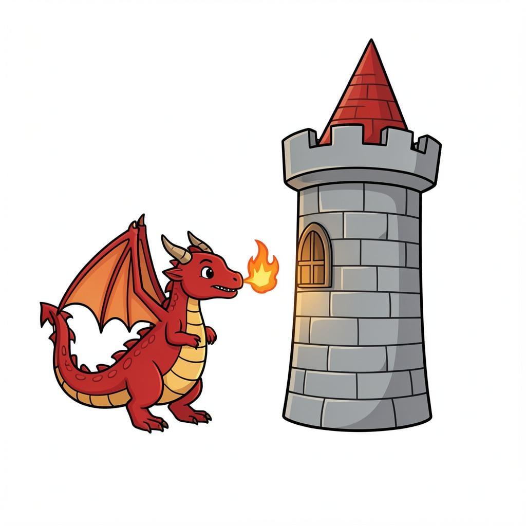 A small, colorful dragon breathing a tiny puff of fire toward a stone castle tower.
