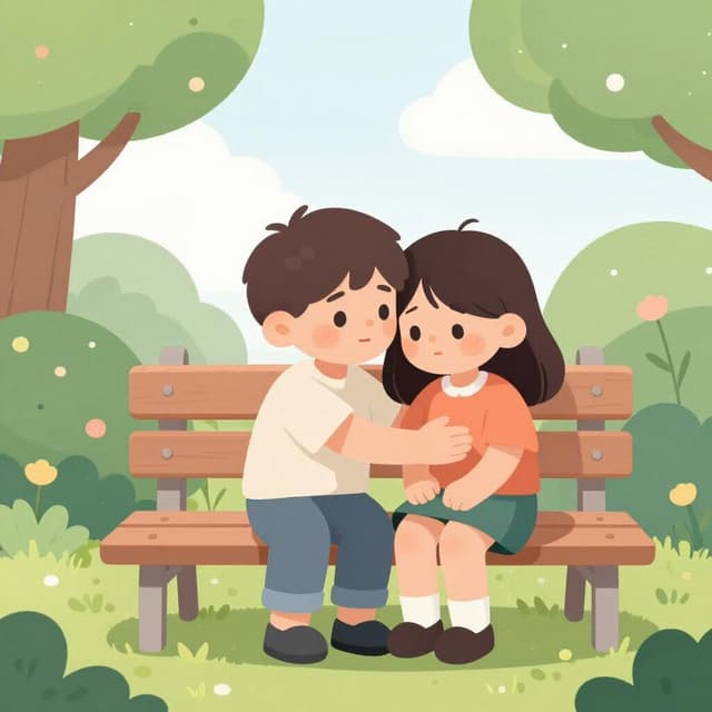 A kind child putting their arm around a crying friend to make them feel better.