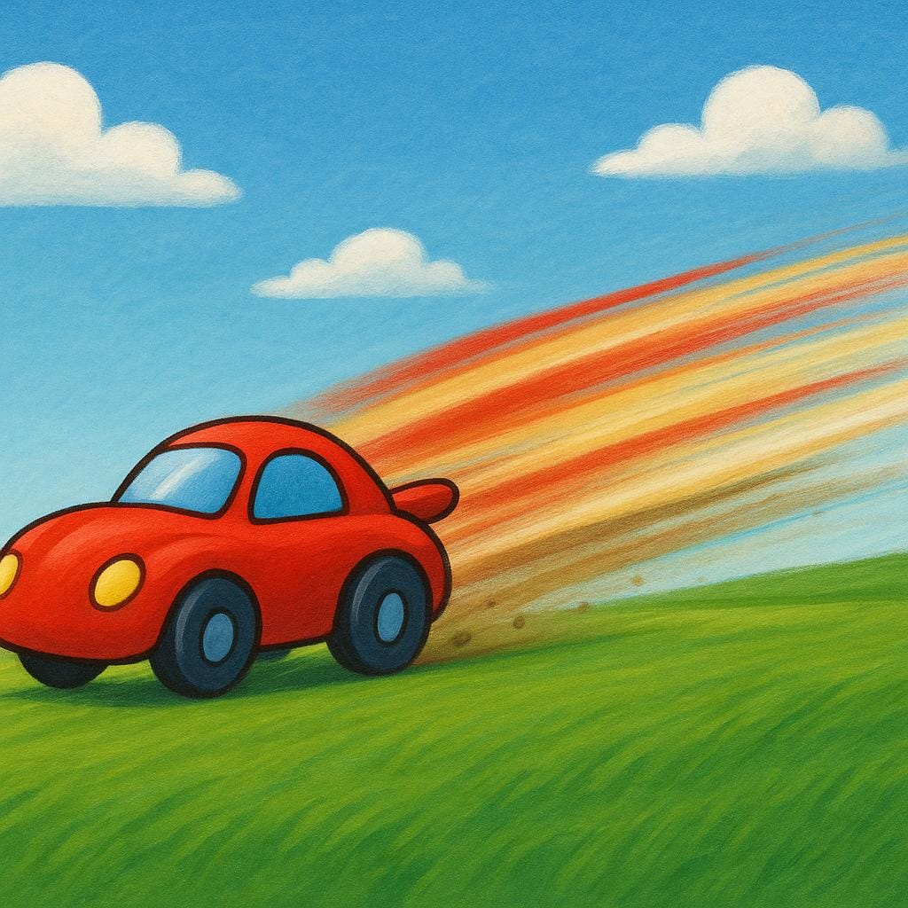 A simplified red race car zooming across a landscape, leaving a long, dramatic speed streak behind it to emphasize extreme velocity.
