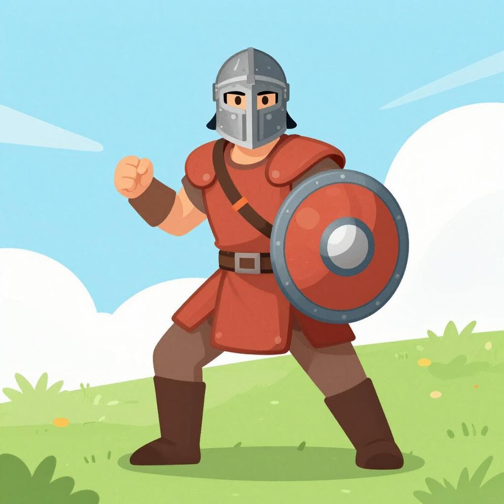 Un guerrier en armure simple tenant un bouclier et une épée en bois.