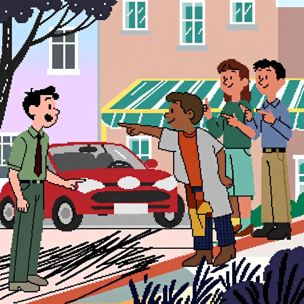 A person points to a red car. Two other people standing nearby gesture to themselves and nod, confirming the car is theirs.