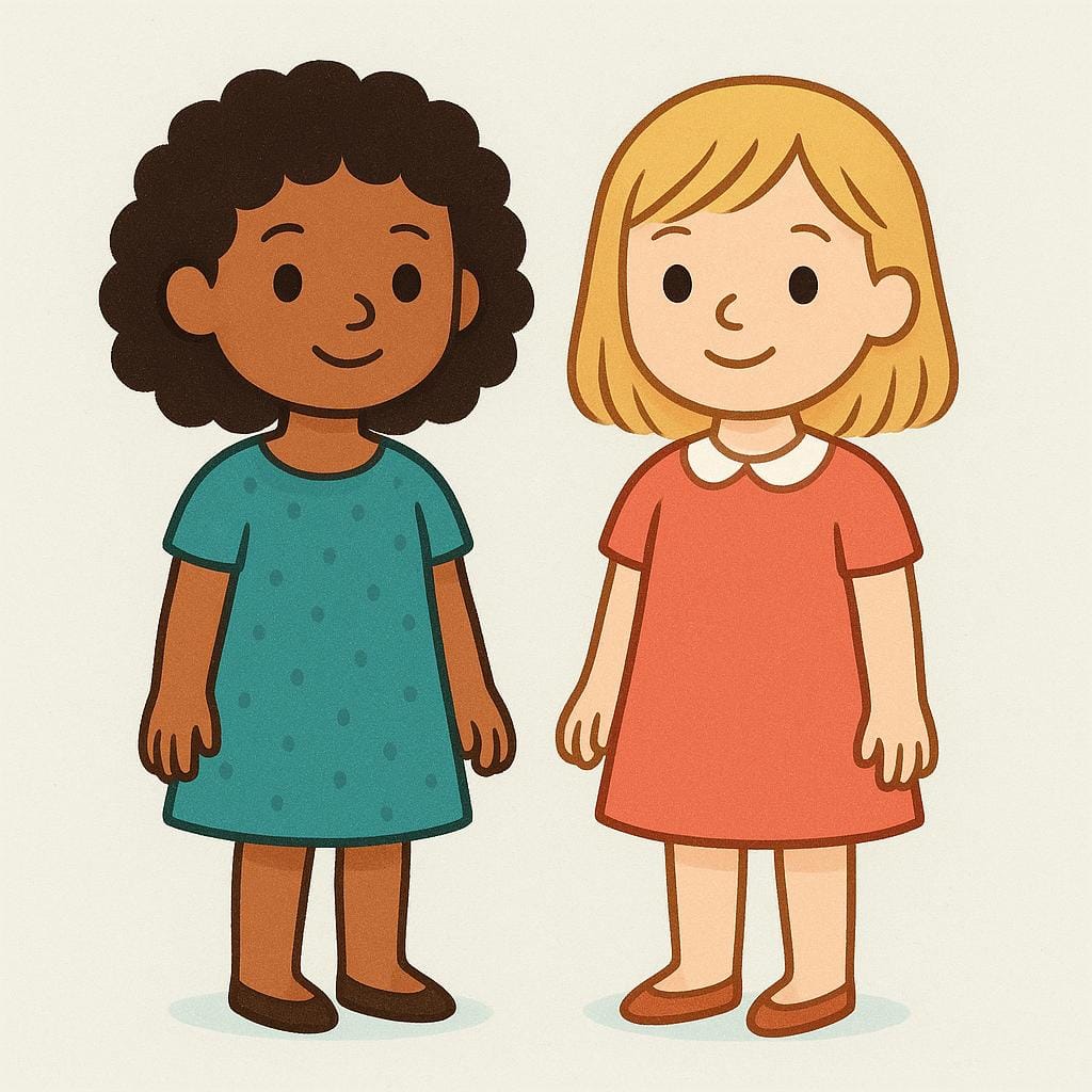 A simple storybook illustration featuring two identical, stylized girls standing side-by-side on a plain background.