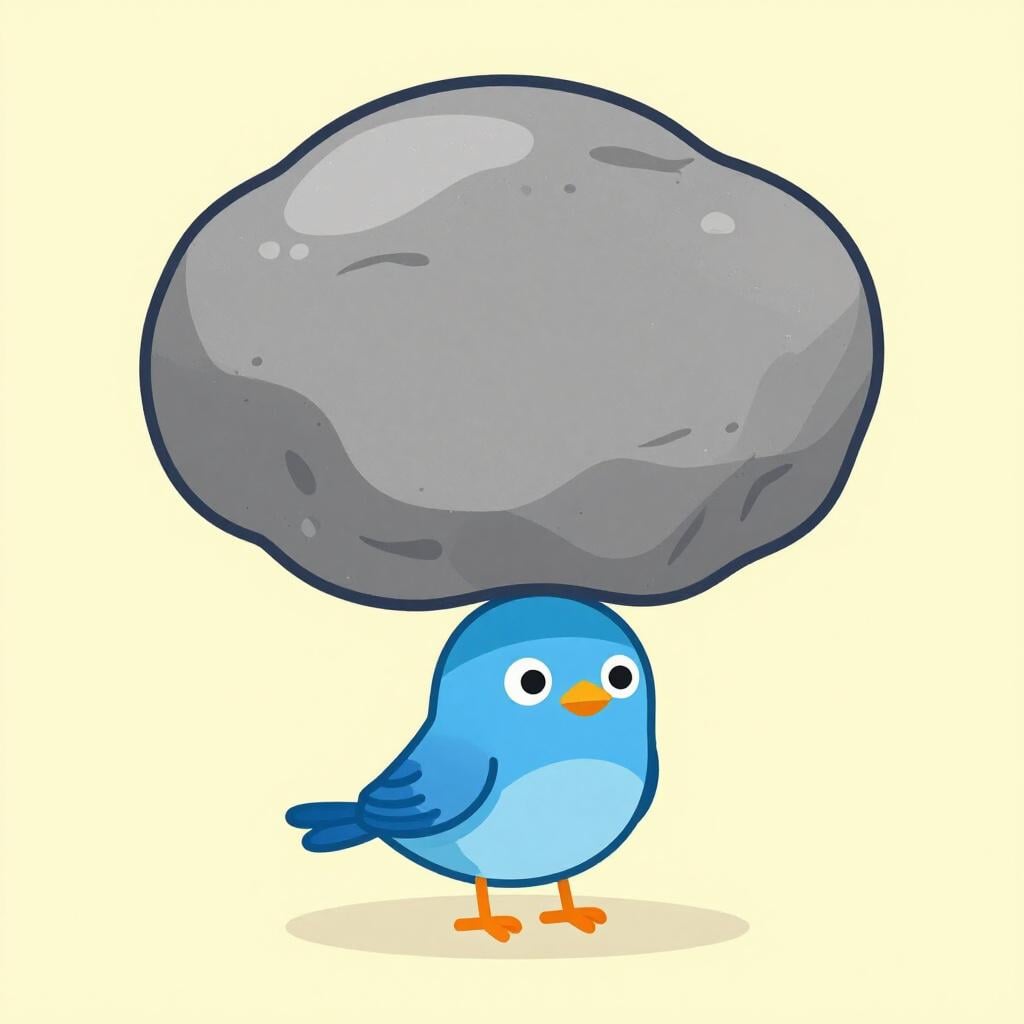 A small, sad blue bird sitting on a branch with a large, heavy grey stone resting on its back.
