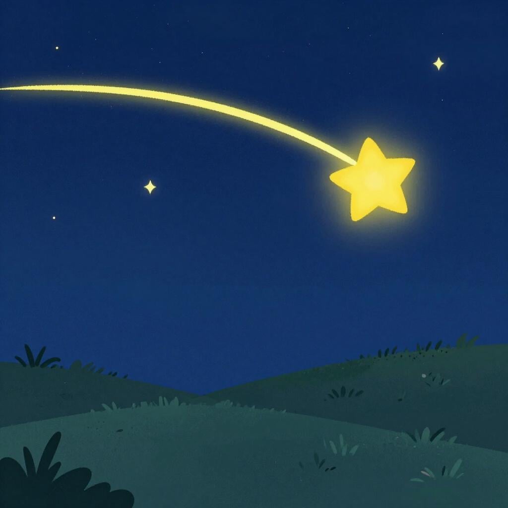 Uma estrela cadente colorida riscando um céu noturno acima de um prado tranquilo.