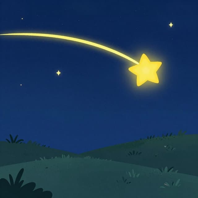 A colorful shooting star streaking across a night sky above a quiet meadow.