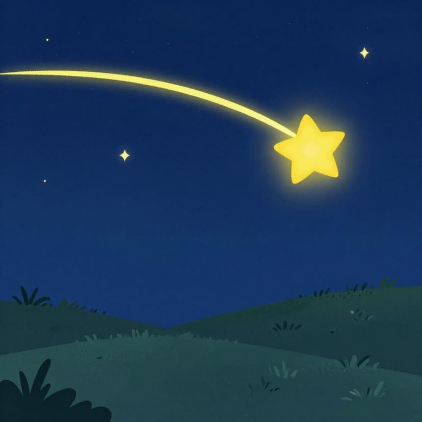 Uma estrela cadente colorida riscando um céu noturno acima de um prado tranquilo.