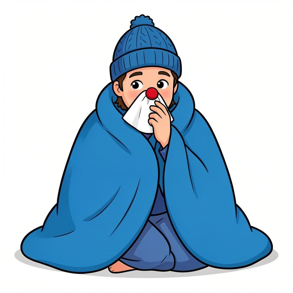 A person wrapped in a thick blanket, wearing a winter hat, and holding a tissue to their nose.