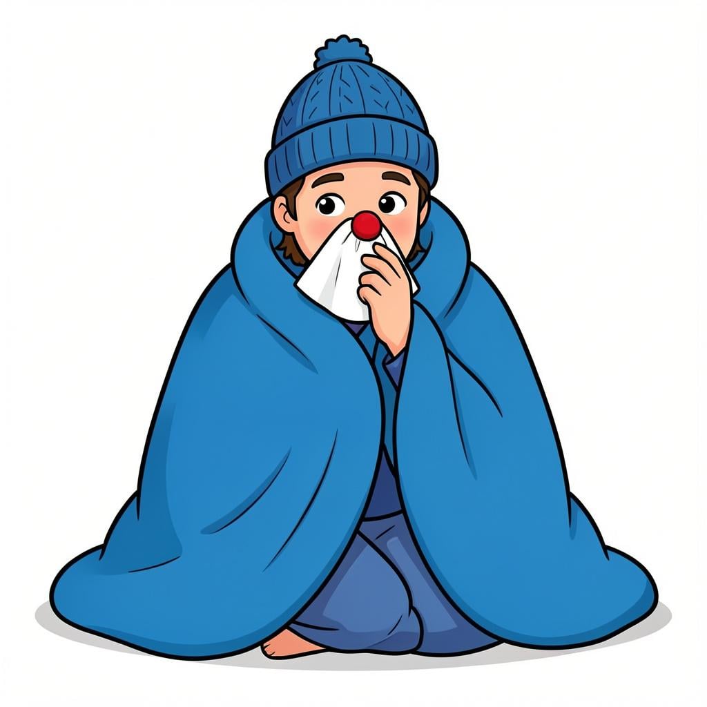 A person wrapped in a thick blanket, wearing a winter hat, and holding a tissue to their nose.