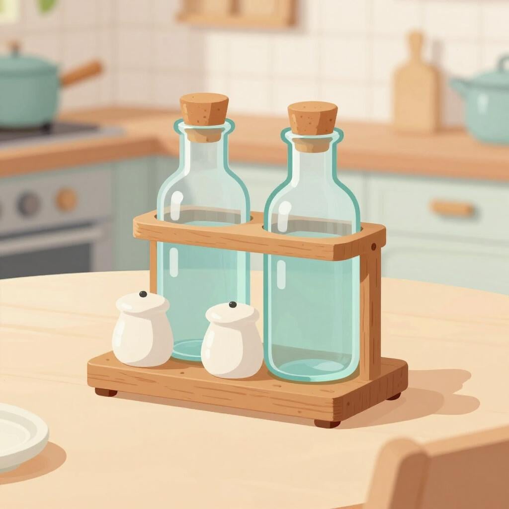 A small decorative stand holding glass bottles of oil and vinegar next to small salt and pepper shakers.