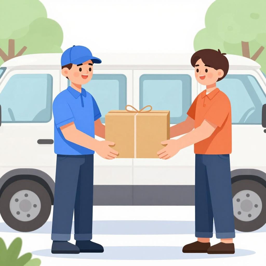 Two people handing a large brown cardboard package to a delivery person.