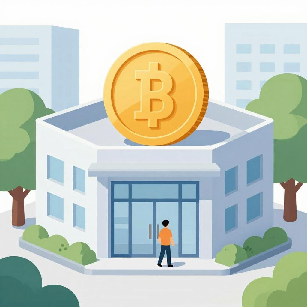 A friendly professional building with a large coin symbol above the door.