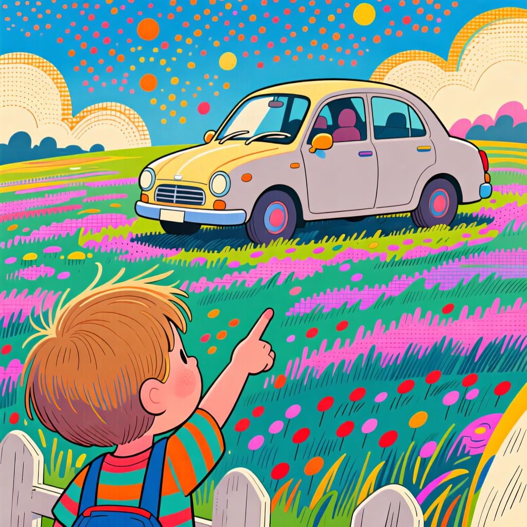 A child pointing excitedly at a bright red car visible in the distance.