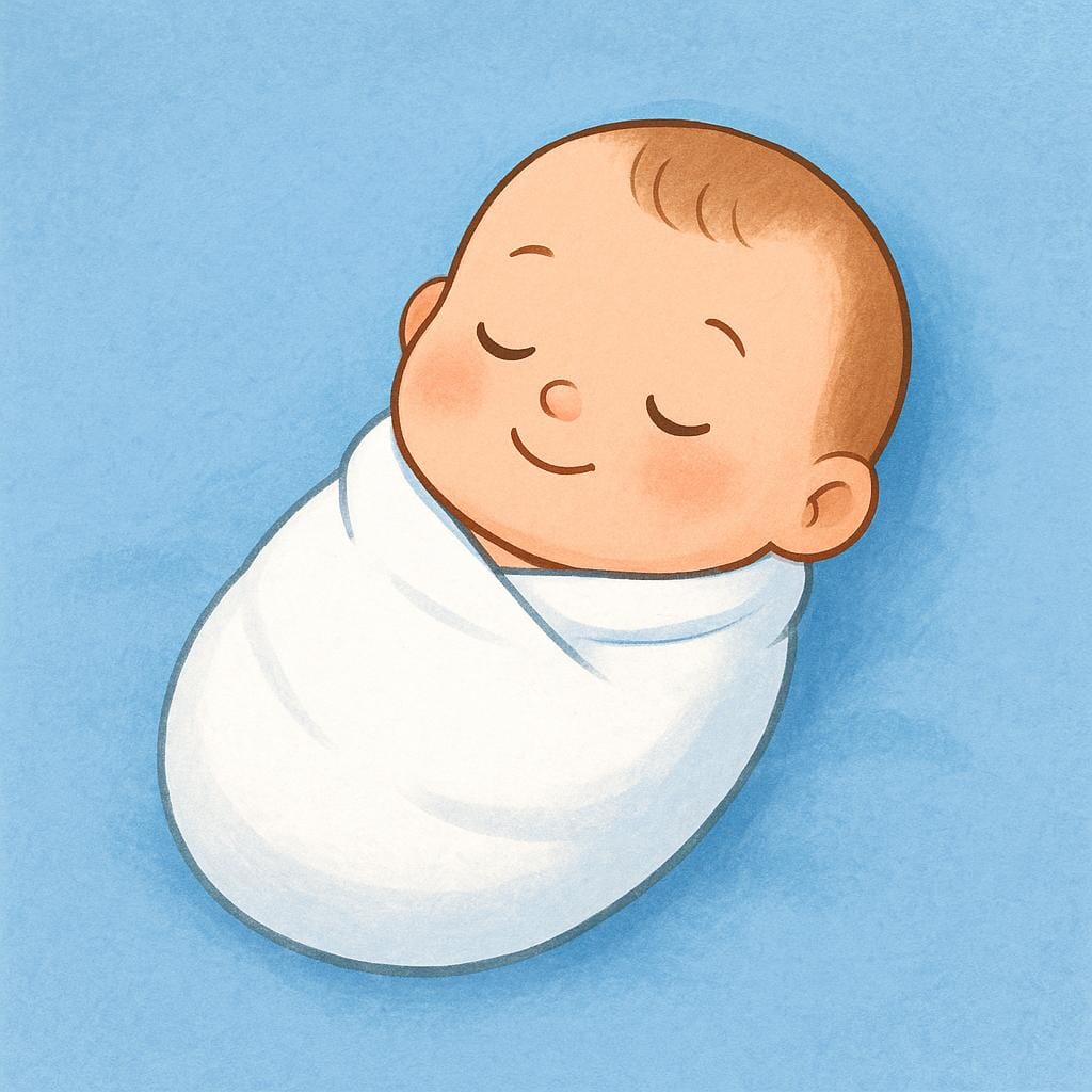 A close-up illustration of a peaceful newborn baby swaddled tightly in a white blanket, sleeping soundly.