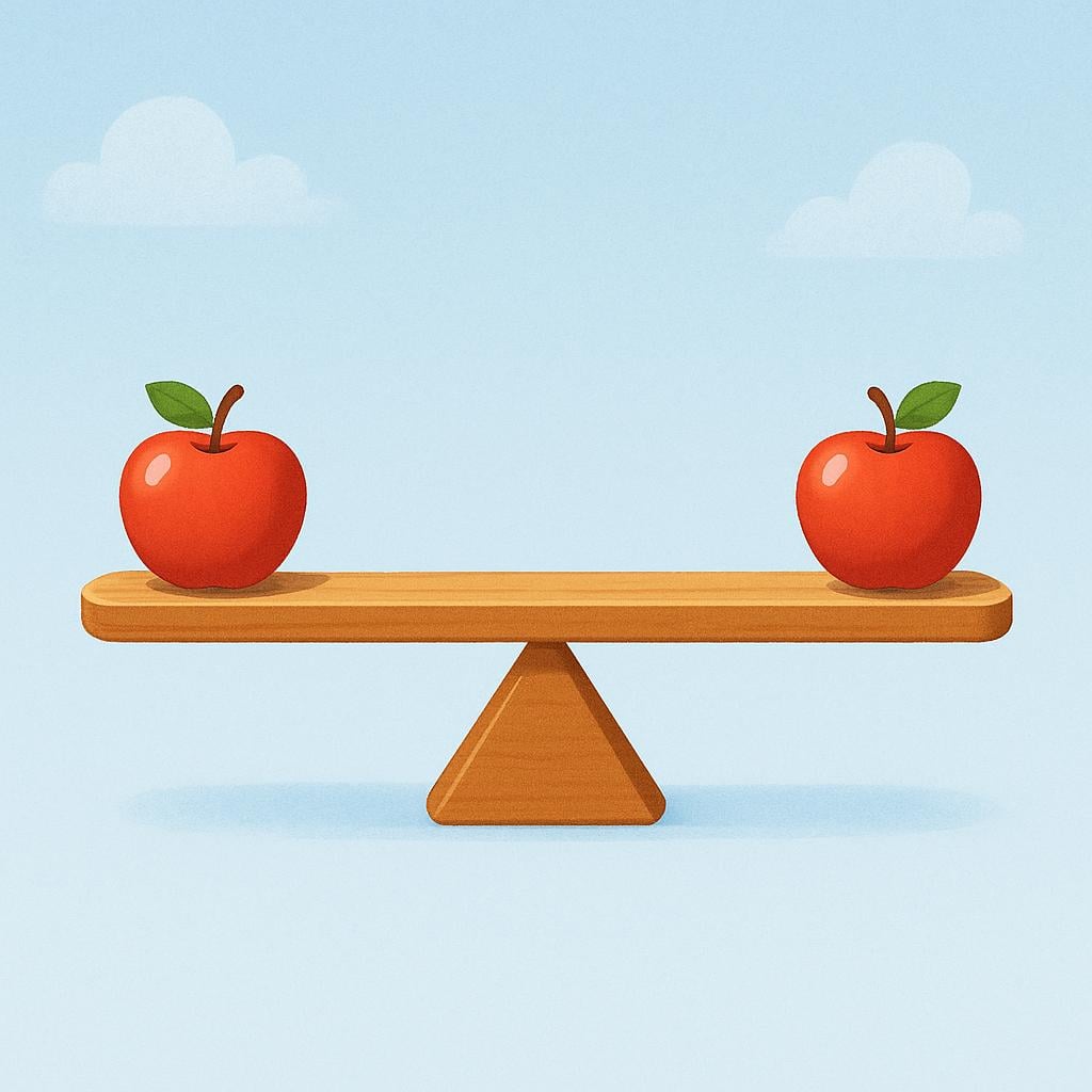 A perfectly horizontal seesaw with a single red apple resting on each seat, showing equal weight and balance.