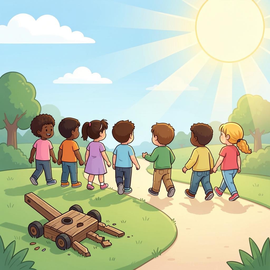 A group of friends walking away from a discarded, broken toy, looking forward toward a bright path.