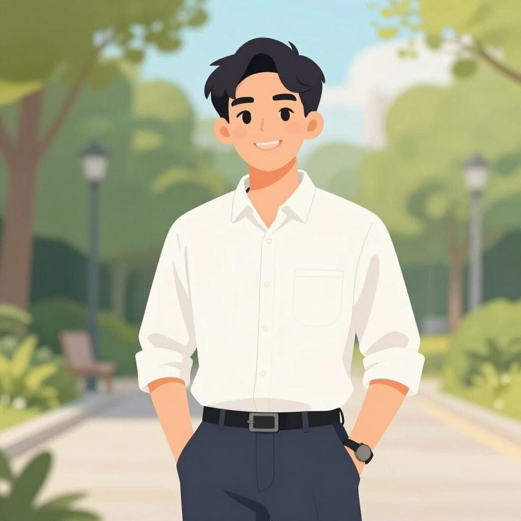A colorful storybook illustration of a smiling young man in a casual outfit, looking confident and handsome.