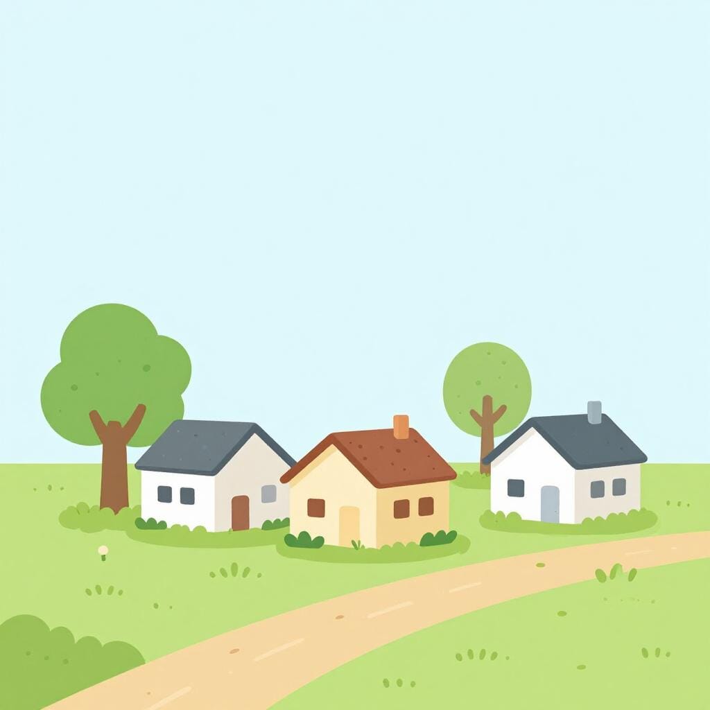 Uma vila pequena e simples com algumas casas pitorescas e um único caminho de terra.