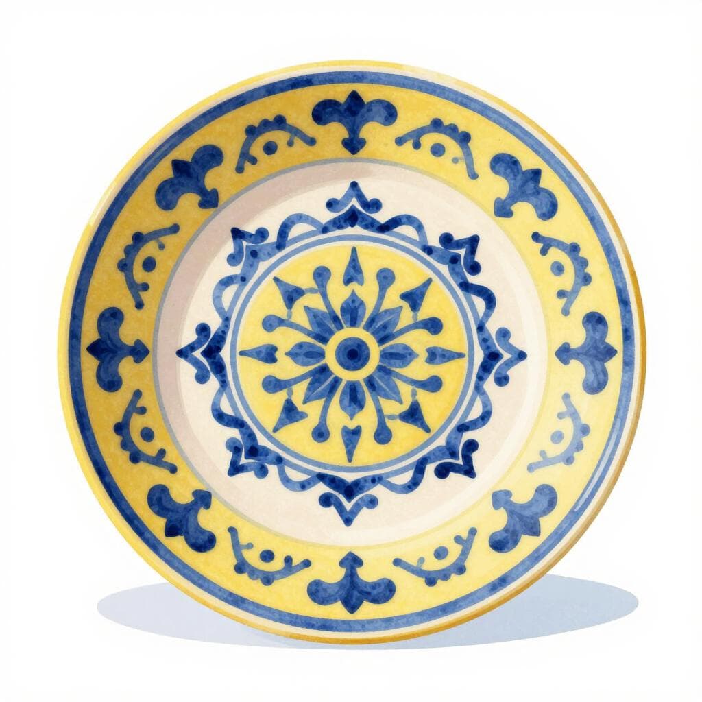 Un piatto di ceramica colorato e dipinto a mano con motivi floreali tradizionali blu e gialli di Siviglia.