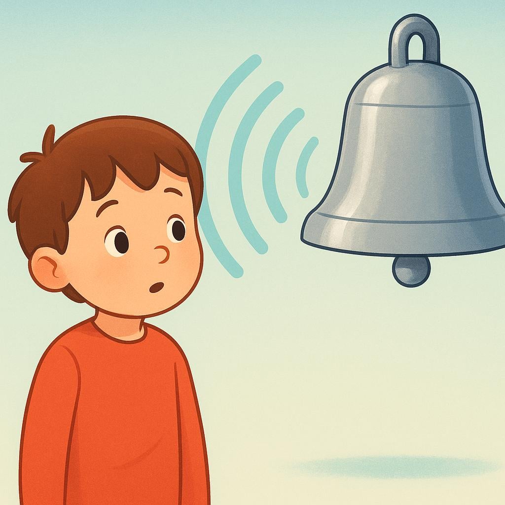 A storybook illustration of a child standing next to a loud ringing bell. The sound waves are visibly depicted but terminate before reaching the child's ear, illustrating deafness.