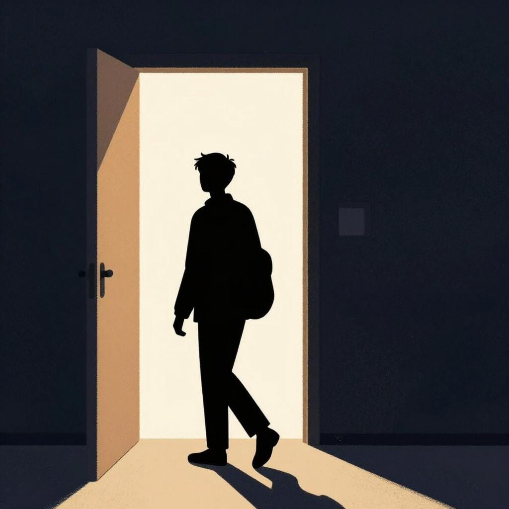 문이 밝게 열려 있는 곳에서 멀어져 걸어가는 사람의 실루엣으로, 떠나거나 남겨두는 것을 상징합니다.