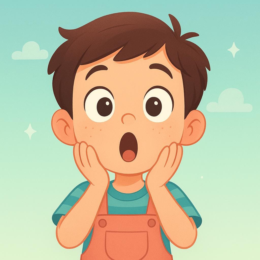 A young child with wide eyes and a dropped jaw, holding their hands up in an exaggerated expression of shock and amazement, standing in a brightly colored setting.