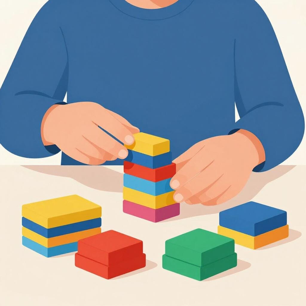 A person sitting at a desk organizing colorful rectangular blocks into neat piles.