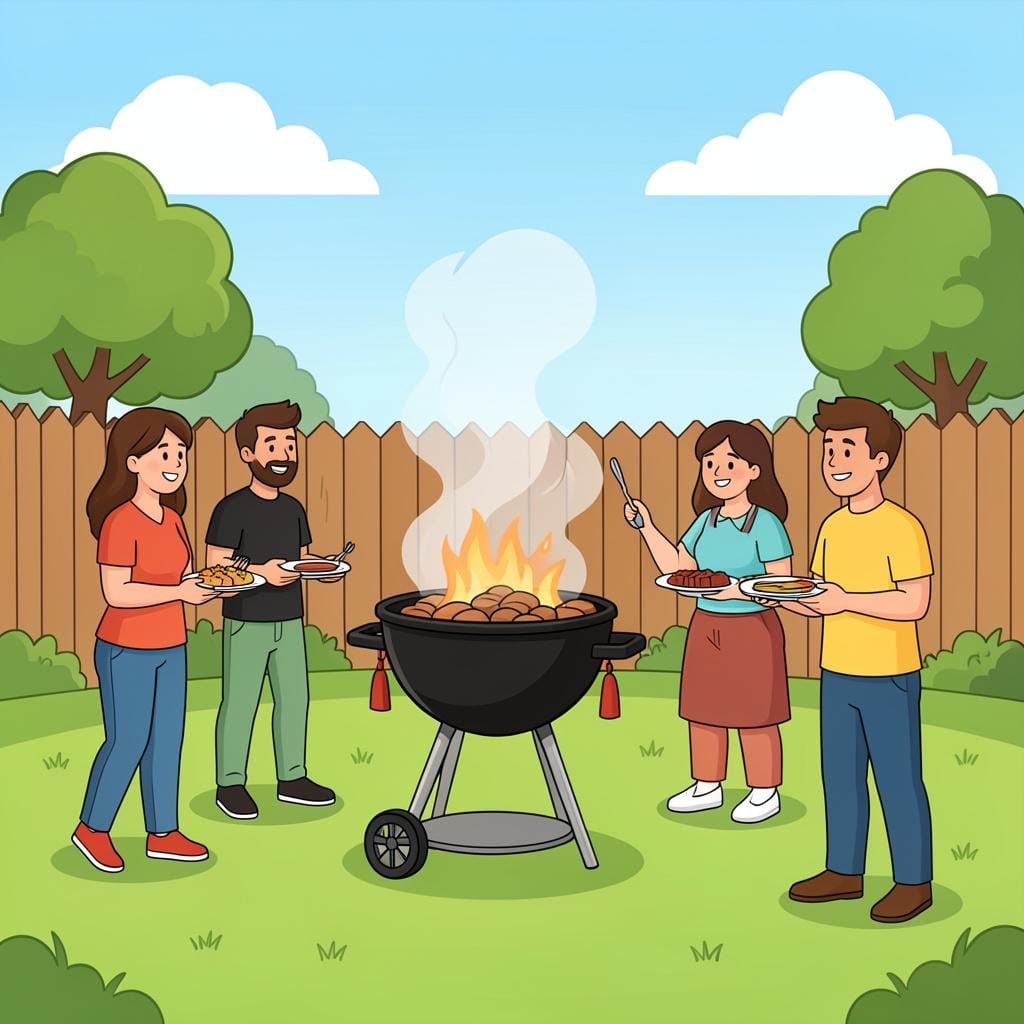 A backyard scene with a grill cooking various meats and a small group of friends laughing together.