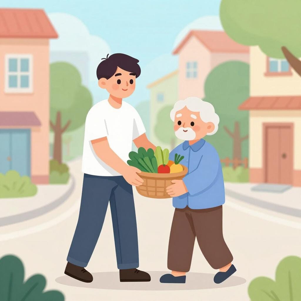 단정한 옷차림으로 장을 본 노인을 돕는 친절한 사람.