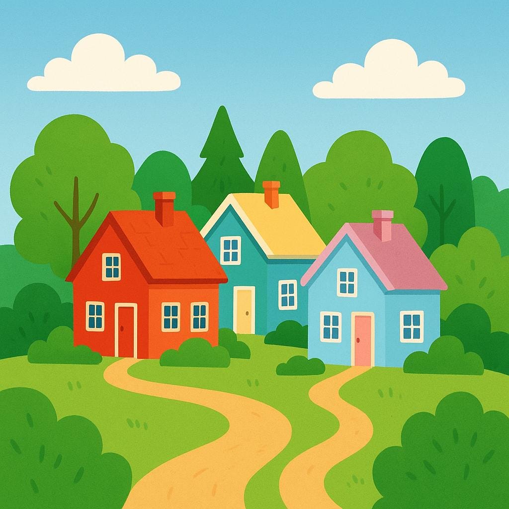 An illustration of a quaint, small village consisting of three simple, colorful houses with pitched roofs, surrounded by lush greenery and a winding dirt path.