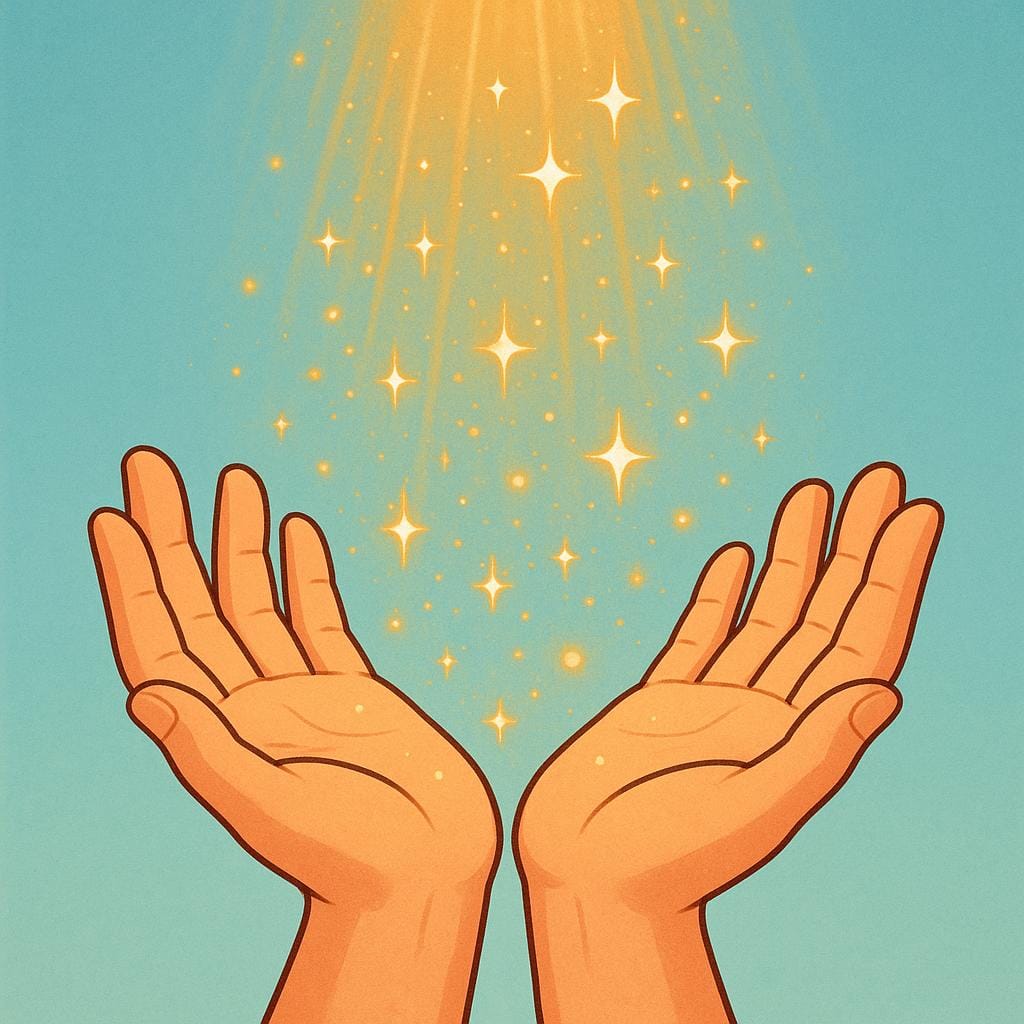 Two open hands reaching upward, catching a gentle shower of sparkling golden light descending from the sky, symbolizing a divine blessing.