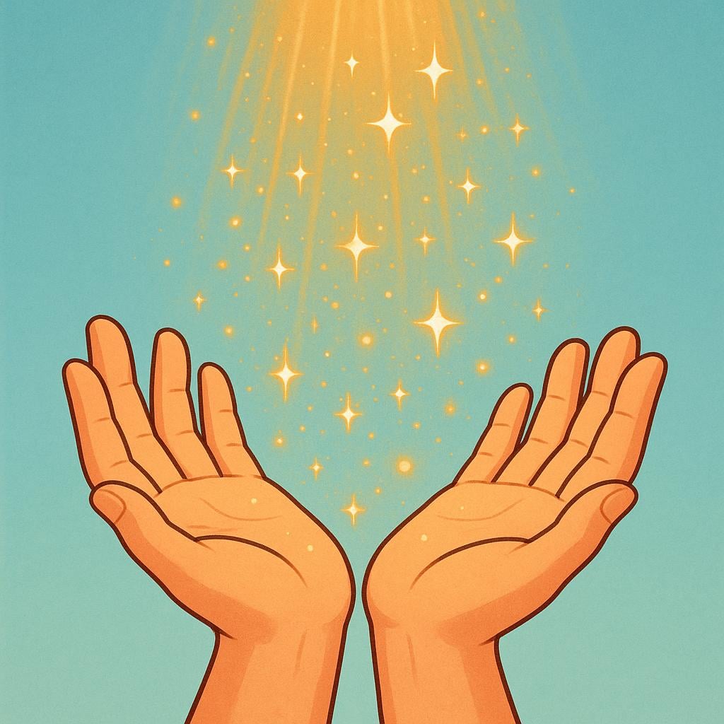 Two open hands reaching upward, catching a gentle shower of sparkling golden light descending from the sky, symbolizing a divine blessing.