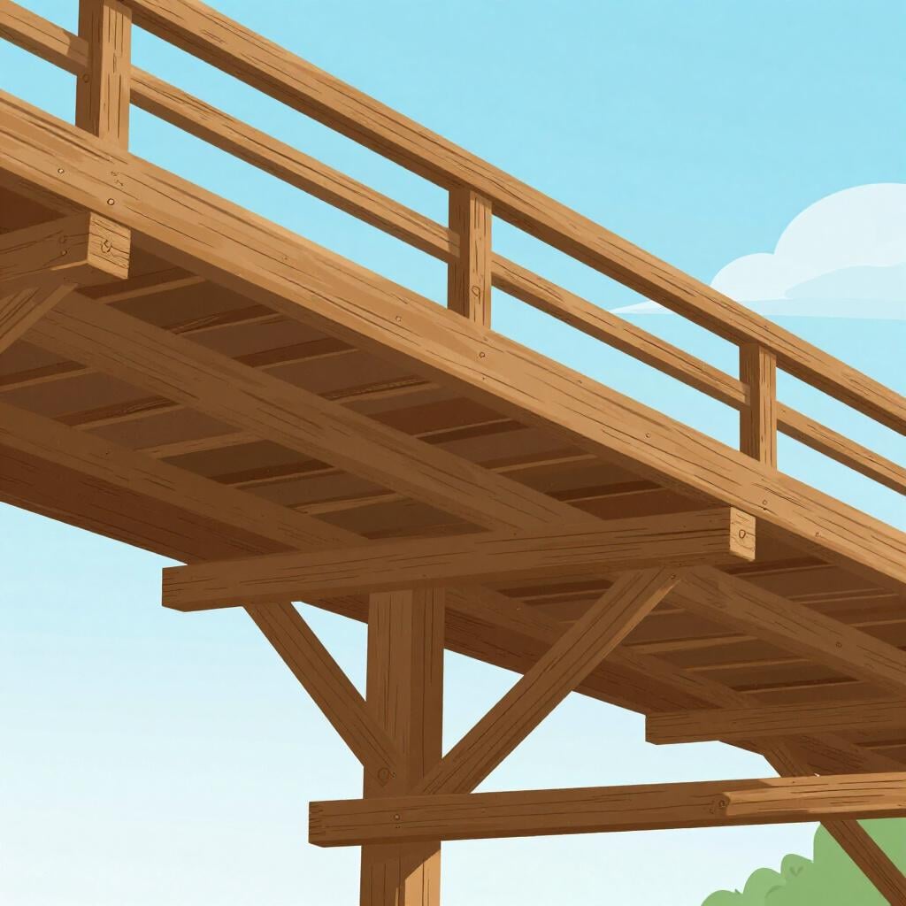 A high-quality colorful storybook illustration of a complex wooden bridge with interlocking beams.