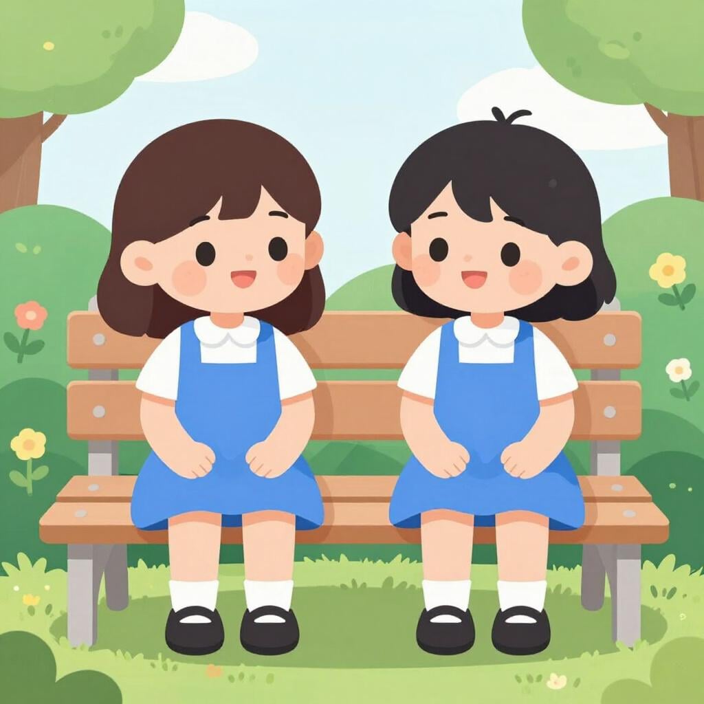 Two young girls with identical features and matching dresses sitting together.