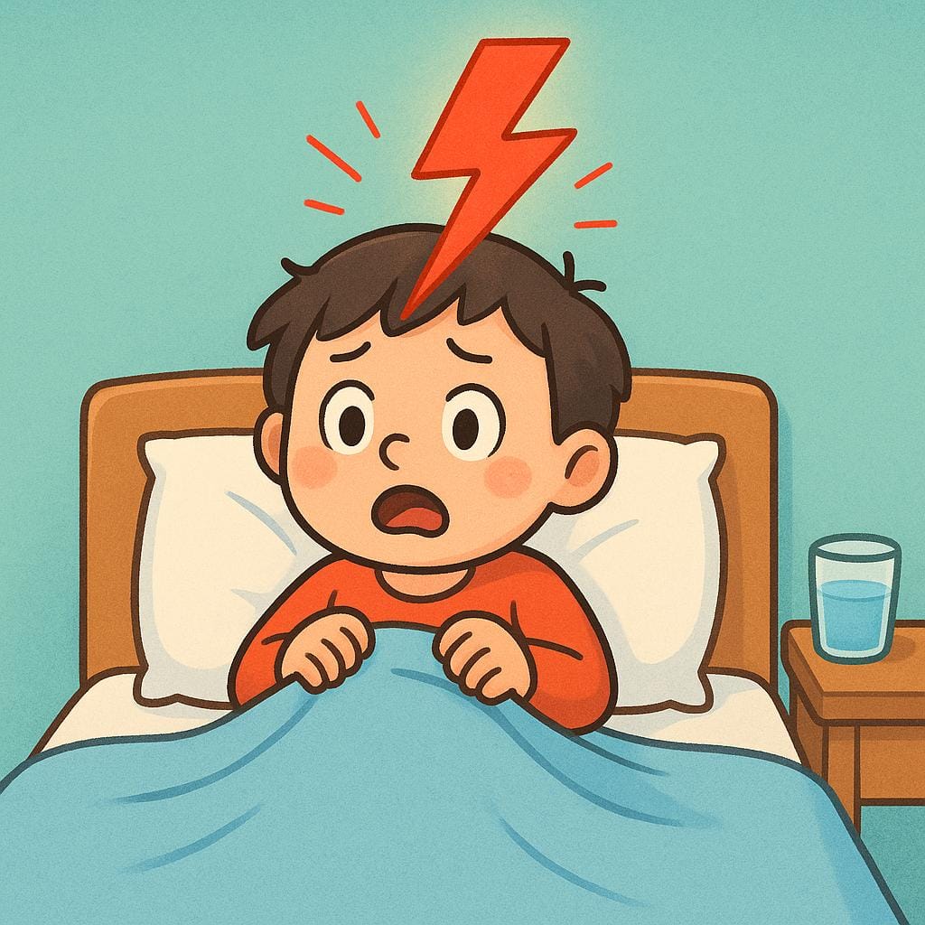 Eine einfache Zeichentrickperson sitzt plötzlich im Bett auf und sieht überrascht und schmerzerfüllt aus, während ein roter, gezackter Energieblitz ihren Kopf trifft, was symbolisiert, plötzlich von Krankheit oder Schmerz befallen zu werden.