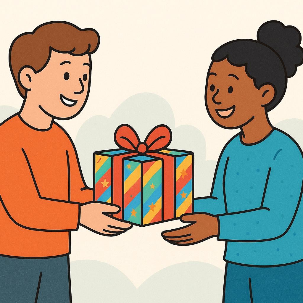 A colorful storybook illustration of one smiling person wrapping a colorful gift box and handing it directly to a second person who is reaching out to receive it, illustrating an action being done for the recipient.