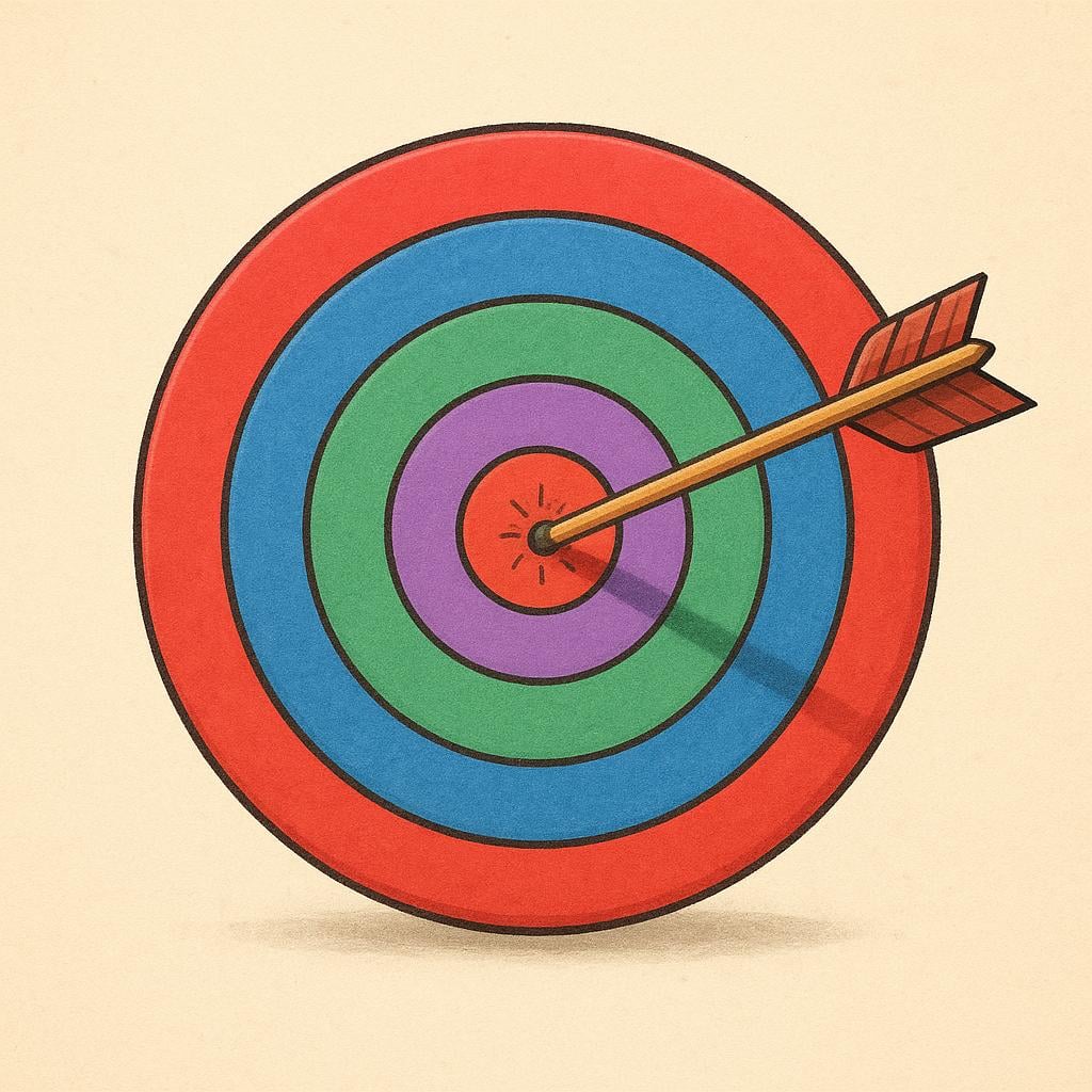An arrow is lodged perfectly in the center of a colorful red and white bullseye target, symbolizing success.