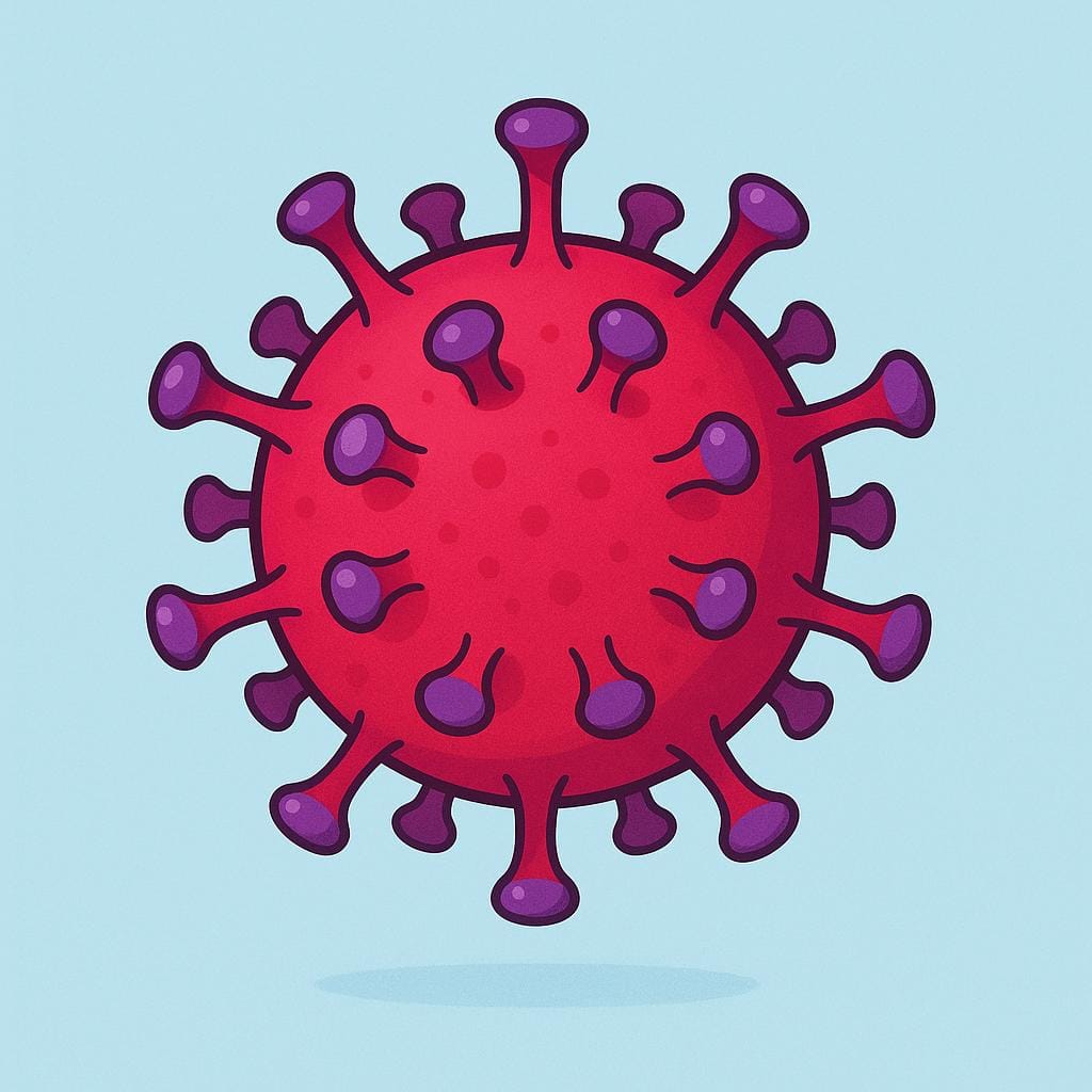 A bright red, spiky, spherical microscopic virus floating in a blue background, depicted in a simple storybook style.