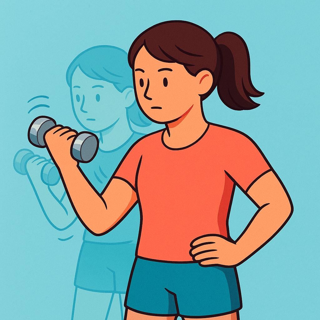 A determined athlete focused on repetitive training, seen lifting a small dumbbell to build strength.