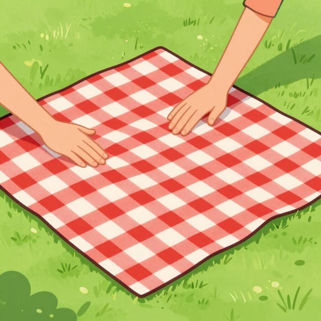 A person's hands spreading a colorful picnic blanket flat onto green grass.