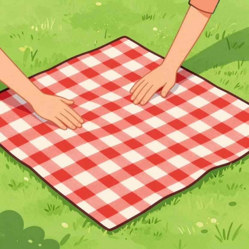 A person's hands spreading a colorful picnic blanket flat onto green grass.