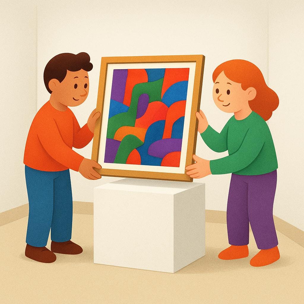 Two cartoon figures arranging colorful artwork onto pedestals in an empty room, setting up an art exhibition.