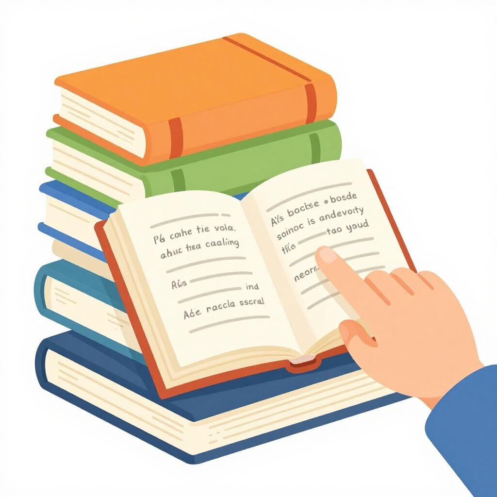 A stack of colorful books with one book open, showing a finger pointing to a specific line.