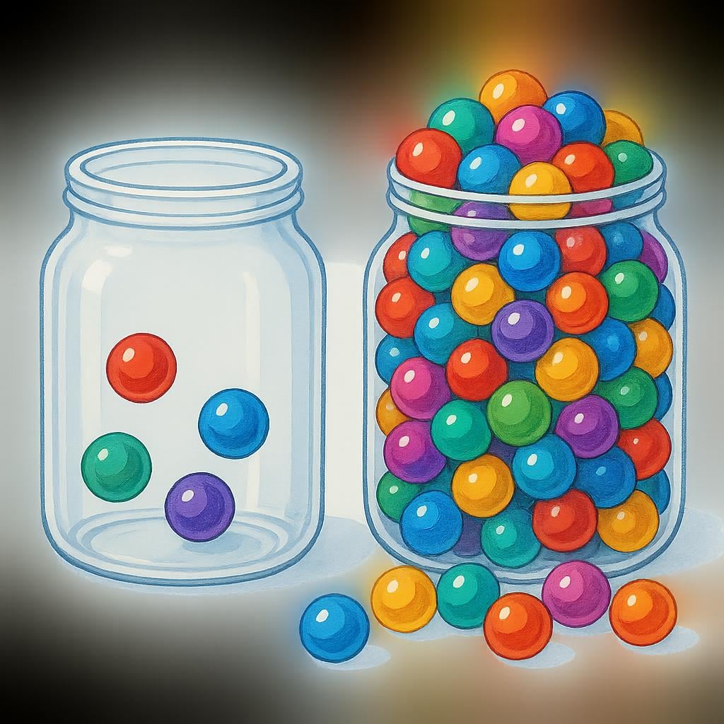 A small, nearly empty glass jar sits next to an identical glass jar that is completely full of shiny, colorful marbles, illustrating an increase in volume.