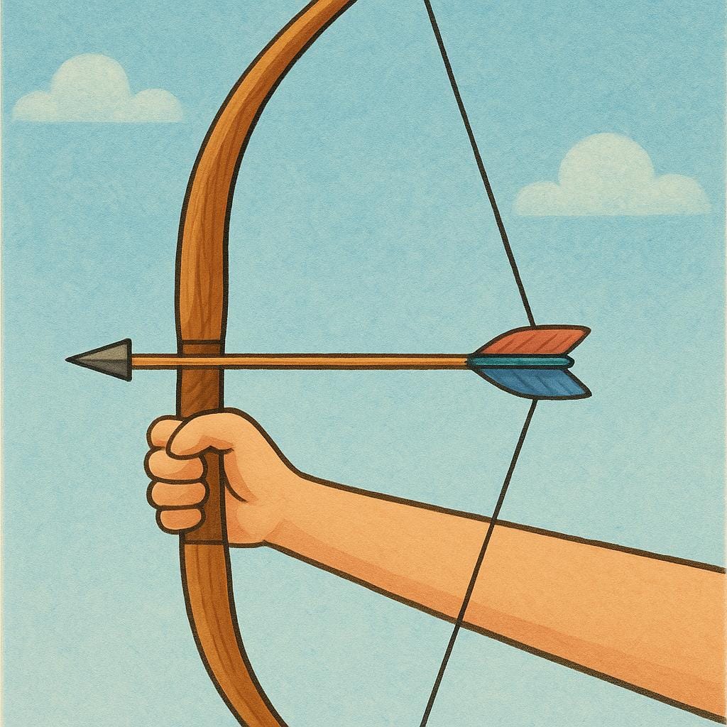 A traditional wooden longbow with a taut string, holding one feathered arrow ready for release.