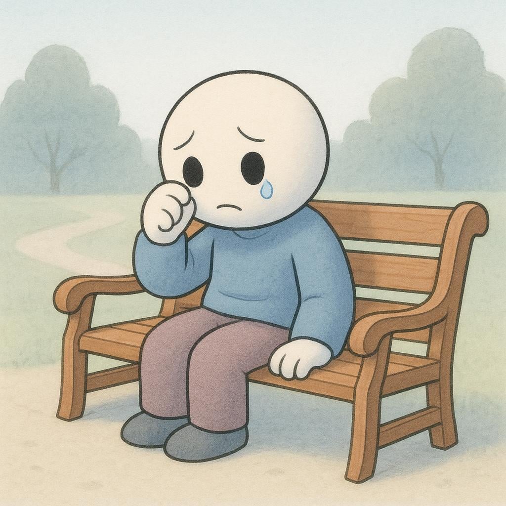A solitary figure sitting on a simple wooden bench, visibly sad and wiping a tear from their face.