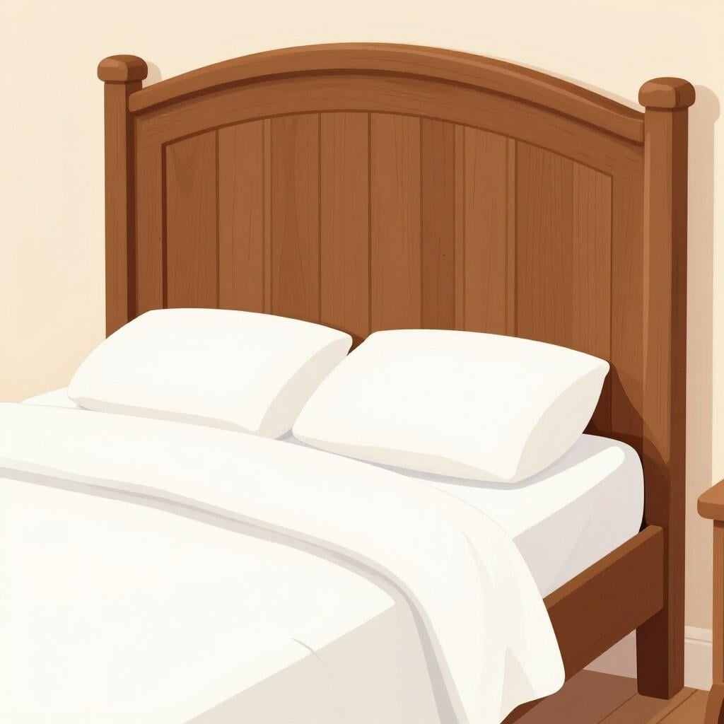 A wooden bed with a prominent, elegant headboard against a simple wall.