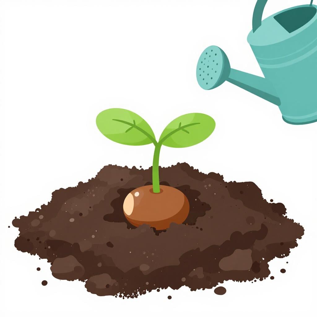 A small green sprout growing out of a cracked seed in rich brown soil.