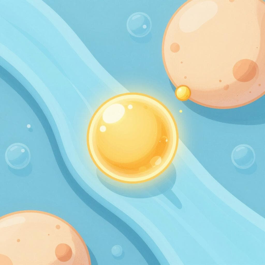 Une illustration colorée montrant un messager chimique lumineux traversant un flux sanguin pour atteindre une cellule cible.