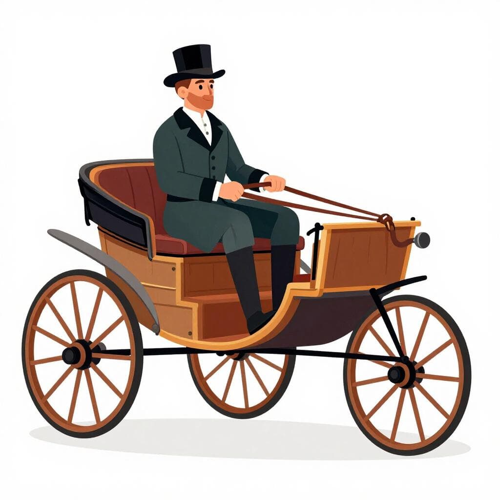 Um homem com um chapéu e casaco vintage sentado numa carruagem de madeira, segurando as rédeas de um cavalo.