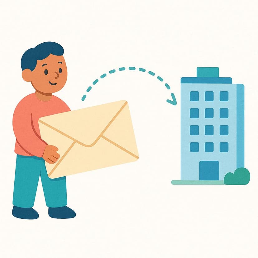 A cheerful, simplified figure standing and holding a large, brightly colored envelope that is visually connected by a dotted line to a stylized corporate building, symbolizing the act of contacting a company.